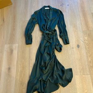 Green Zimmermann asymmetric ruffle-satin midi wrap dress